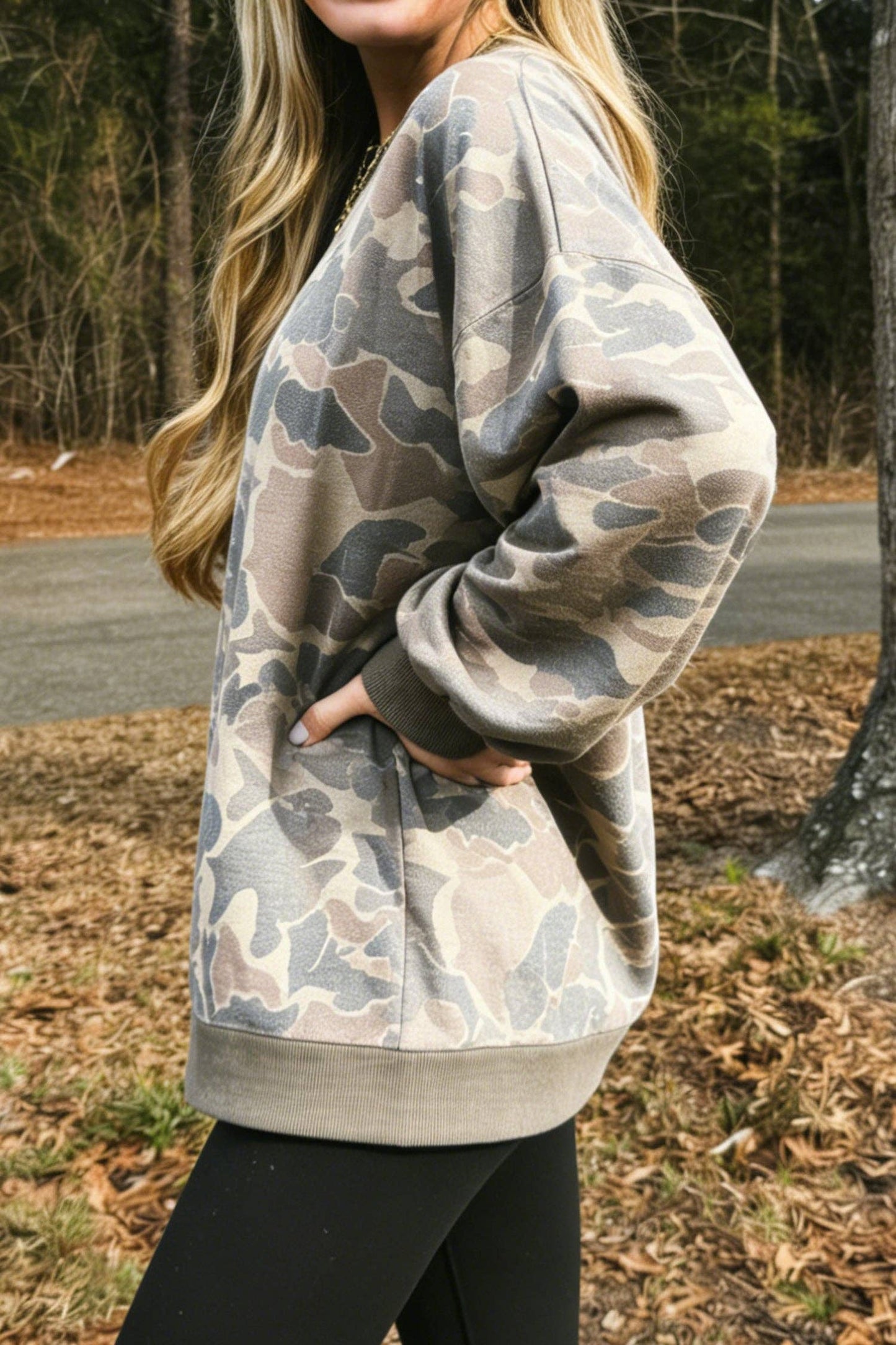 Camouflage Oversized Pullover Sweatshirt Rib Trim Top