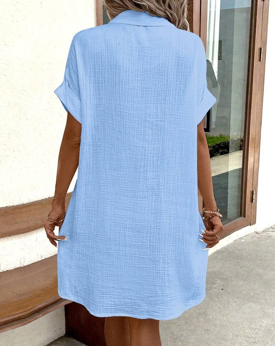 Simple loose V-neck single breasted solid color shirt dress -2 colors