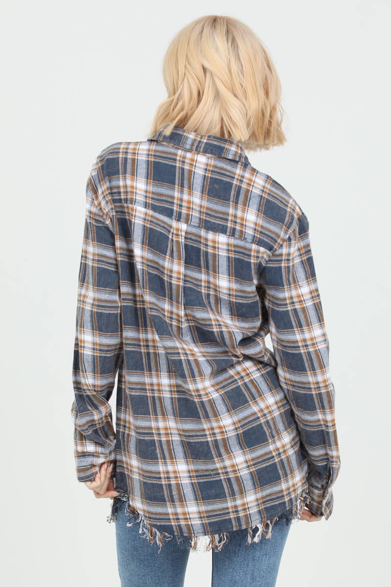 PLAID FRAYED HEM BUTTON shirt