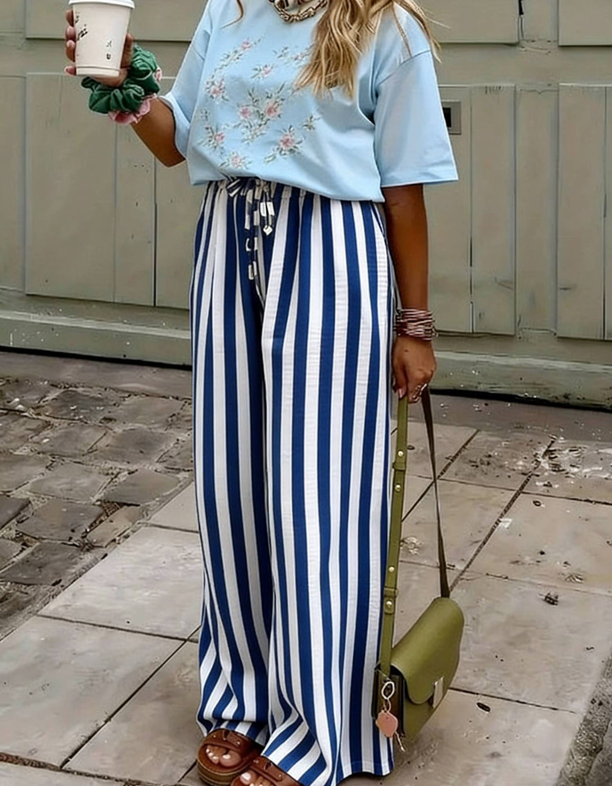 Light Blue Boho Beach Vertical Stripe Lace-Up Pants