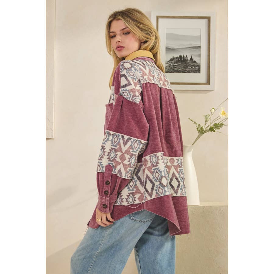 WASHED AZTEC PRINTED MIXED BUTTON DOWN SHACKET