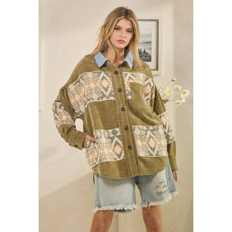 WASHED AZTEC PRINTED MIXED BUTTON DOWN SHACKET
