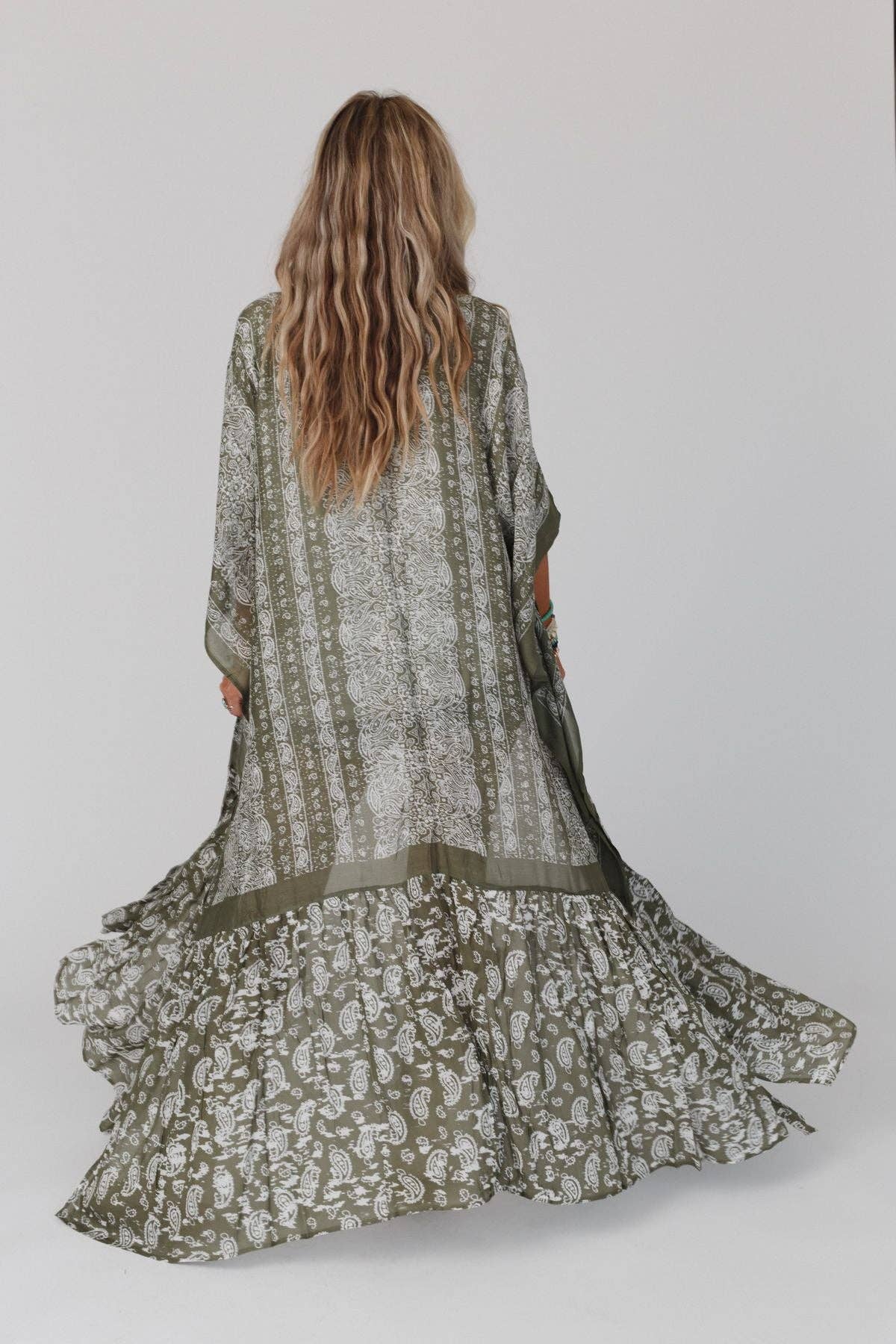 Paisley Tapestry Free Flow Duster Kimono - Olive 3BN
