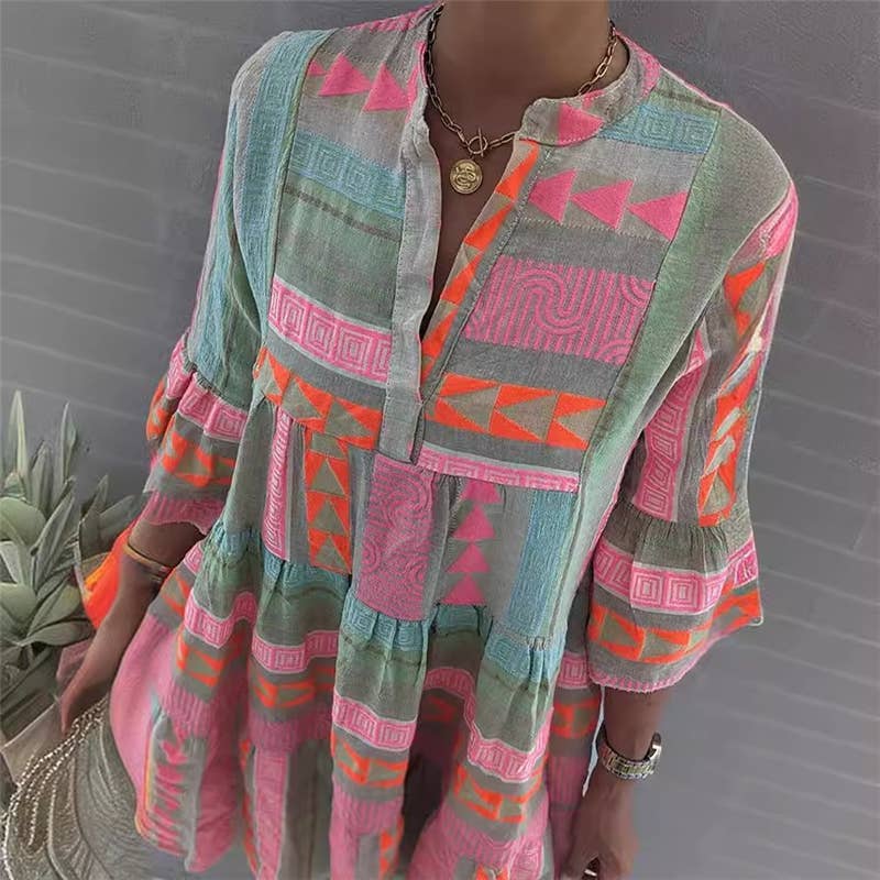 Floral Print V-Neck Mini Dress With Half Sleeves