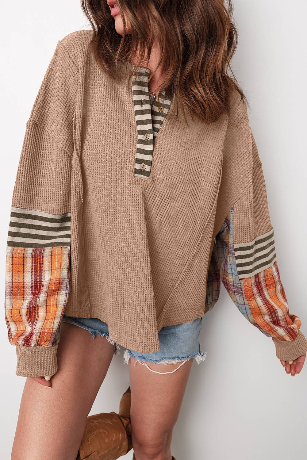 Waffle Stripe Plaid Patchwork Knit Top
