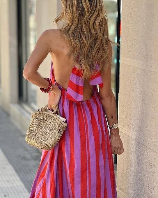 Halterneck Backless Striped Print Maxi Dress