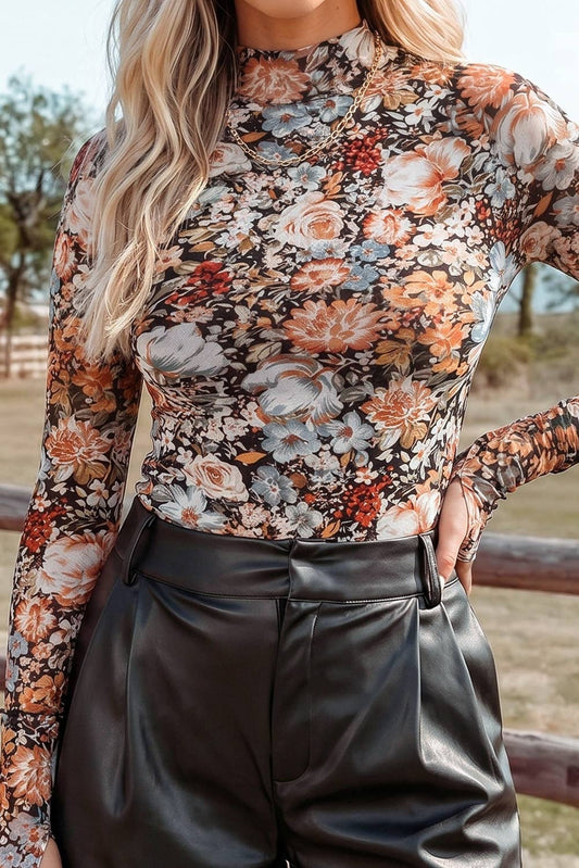 Floral Long Sleeve Mock Neck Sheath Mesh Blouse