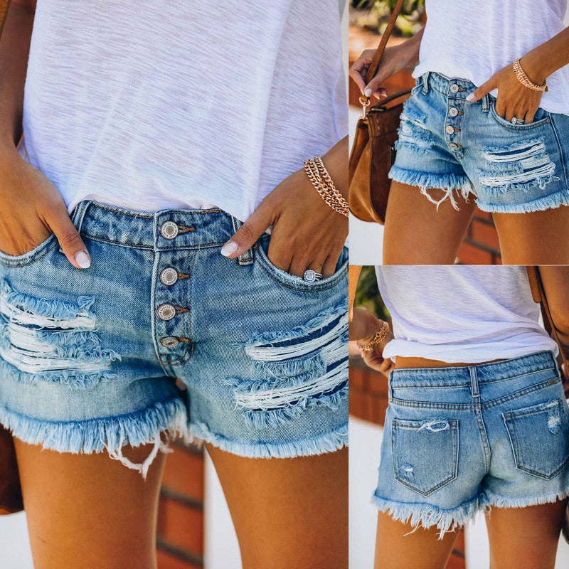 Women's Ripped Fringe Denim Button Fly Shorts