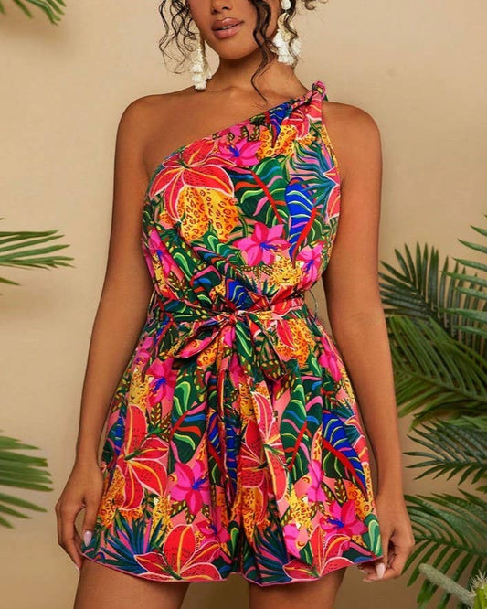 Vivid Tropical Print One Shoulder Belted Romper