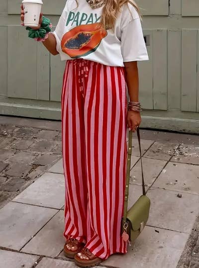 Red and Pink Boho Beach Vertical Stripe Pants