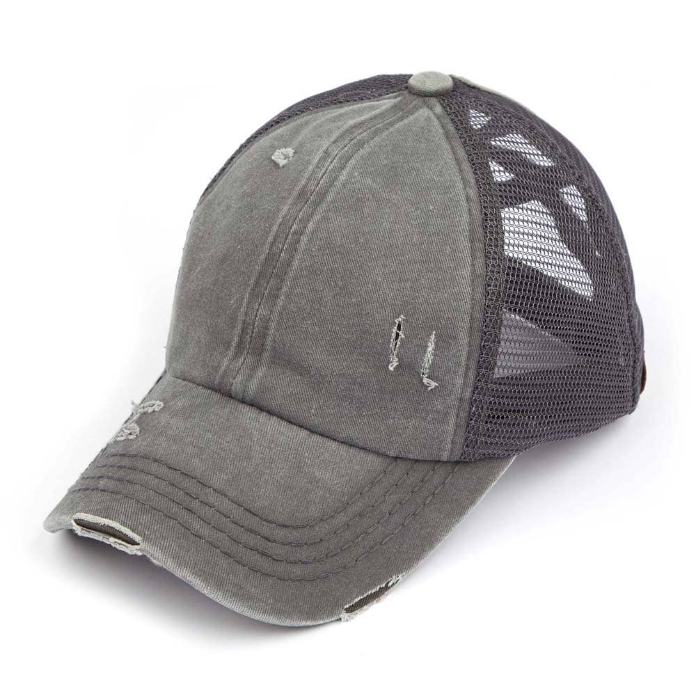 C.C Washed Denim with Crossed Elastic Band Mesh Pony Cap