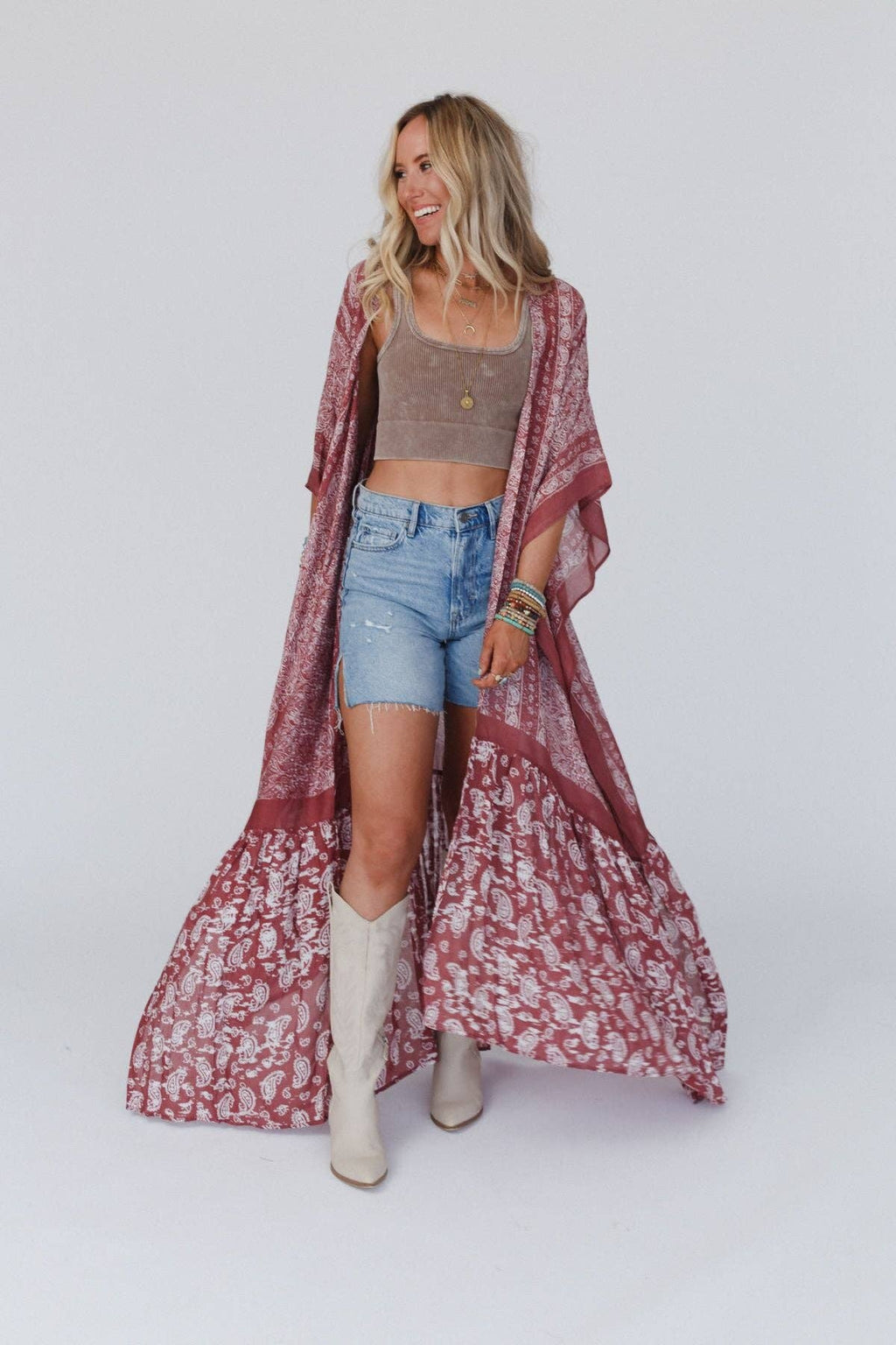Paisley Tapestry Free Flow Duster Kimono - Wine