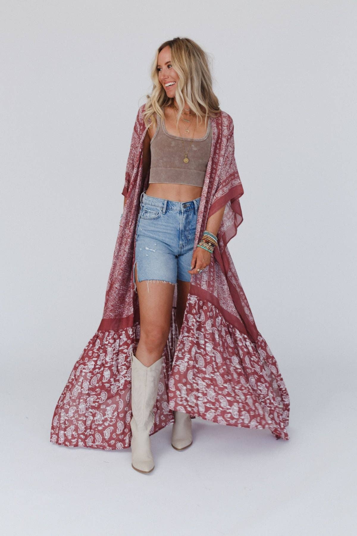 Paisley Tapestry Free Flow Duster Kimono - Wine