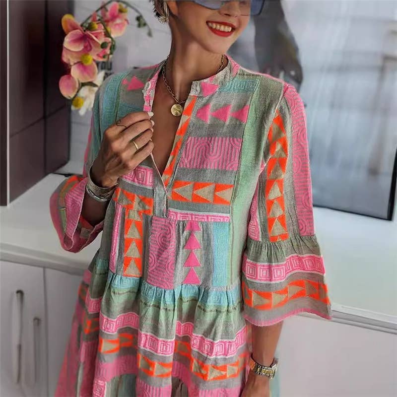 Floral Print V-Neck Mini Dress With Half Sleeves