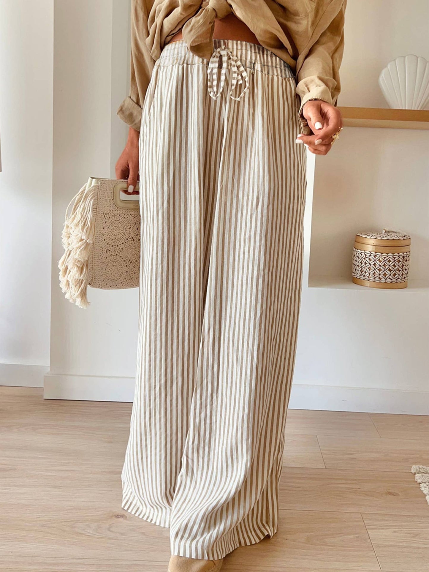 Striped Printed Wide Leg Pocket Pants
