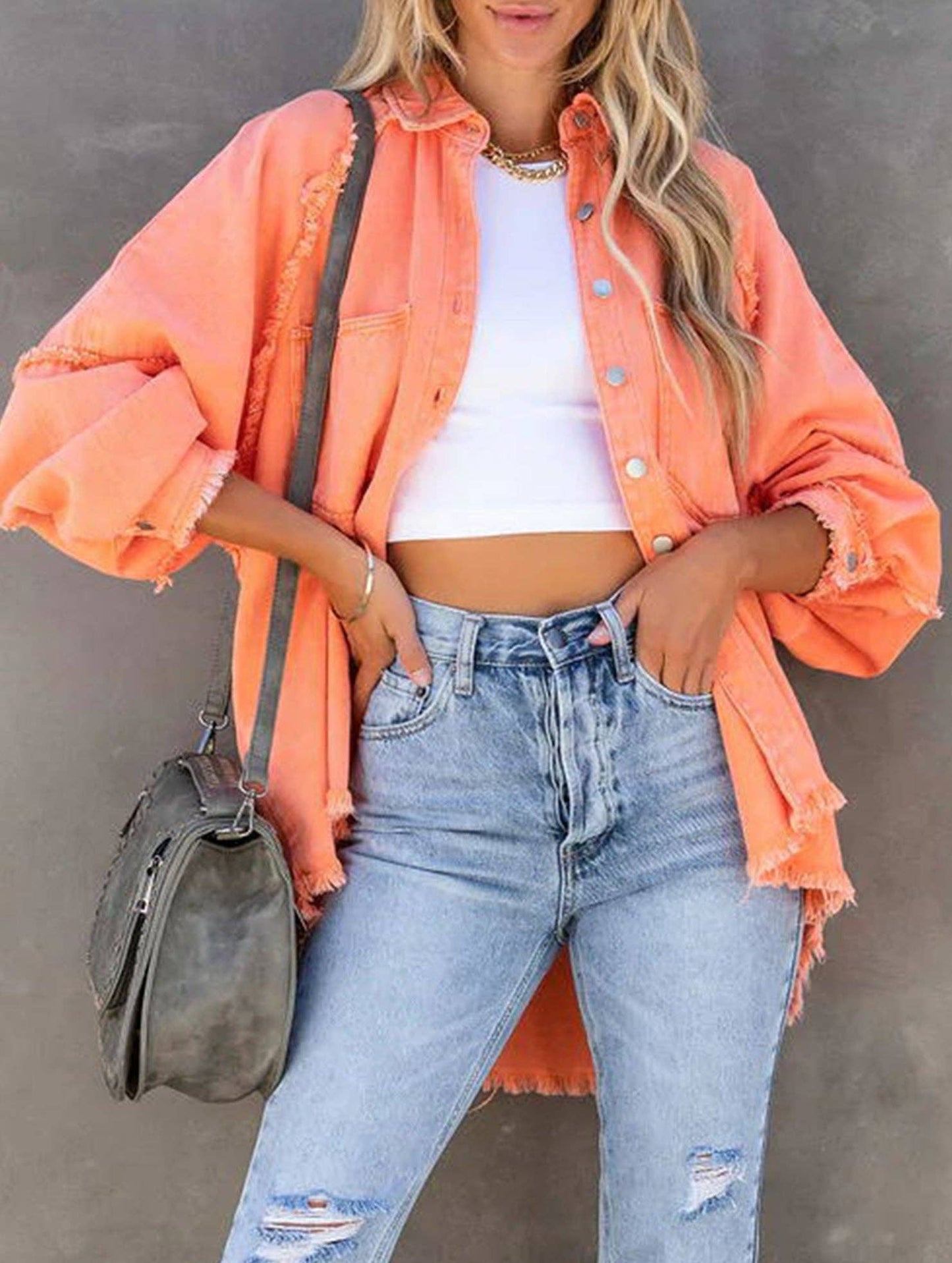 RAW edged loose pocket denim shacket