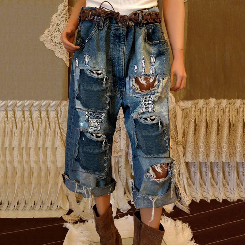 Ripped tassel wide-leg vintage loose ripped jeans