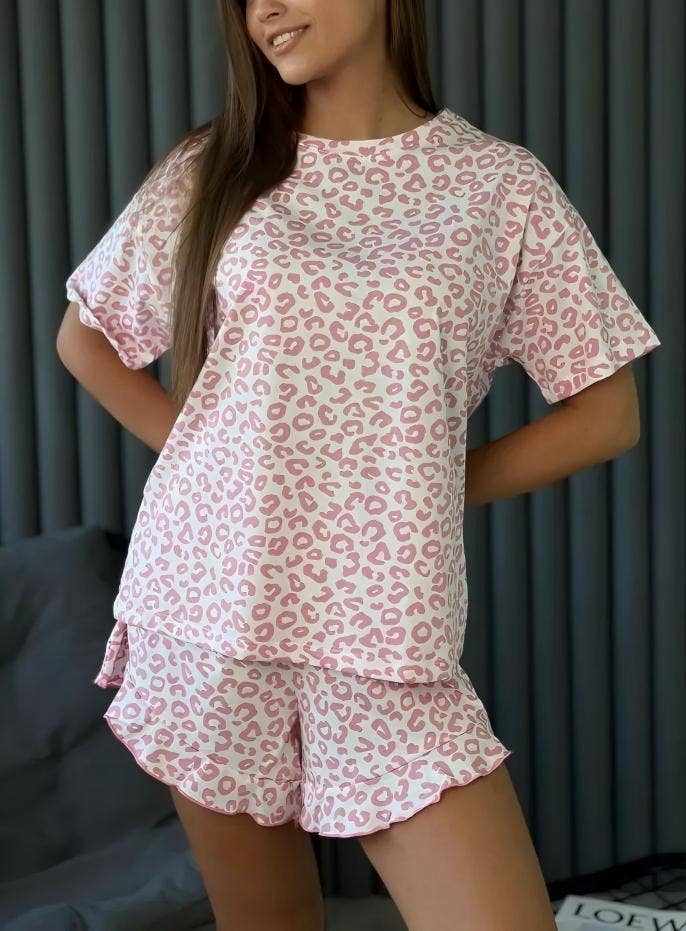 Leopard Print PJ Set Ruffle Trim Shorts Loungewear