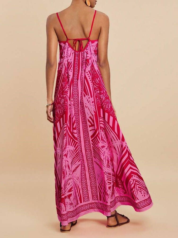 Tropical palm print swing maxi strappy dress - fuchsia