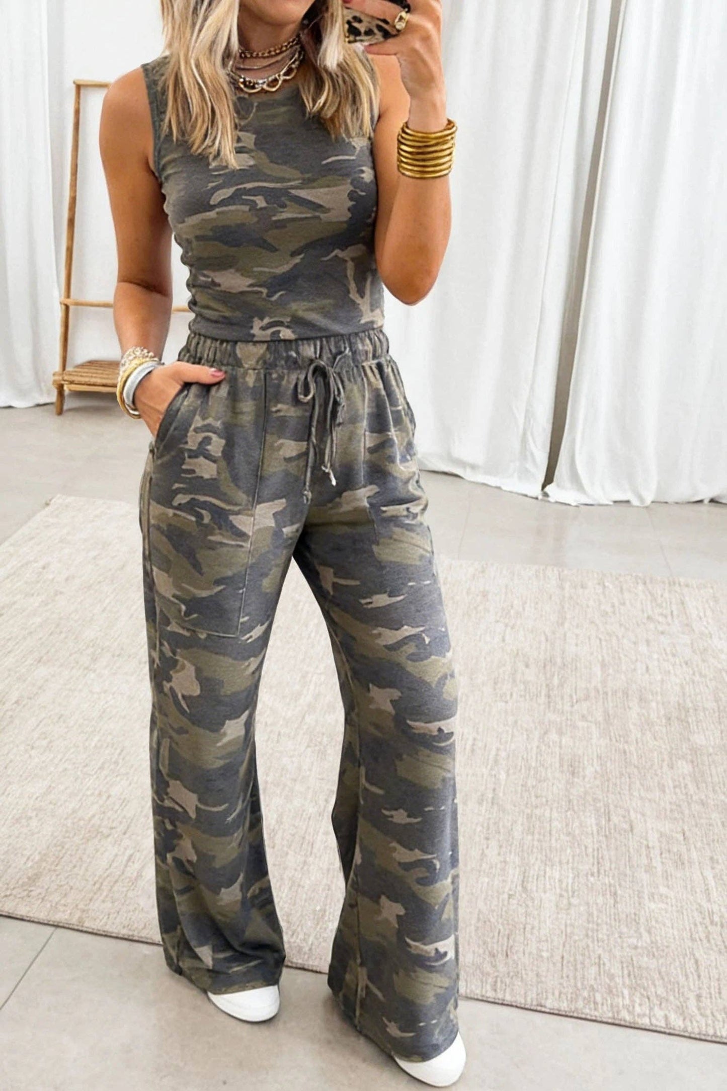 Green Camouflage Print Slim Tank Drawstring Pant Set