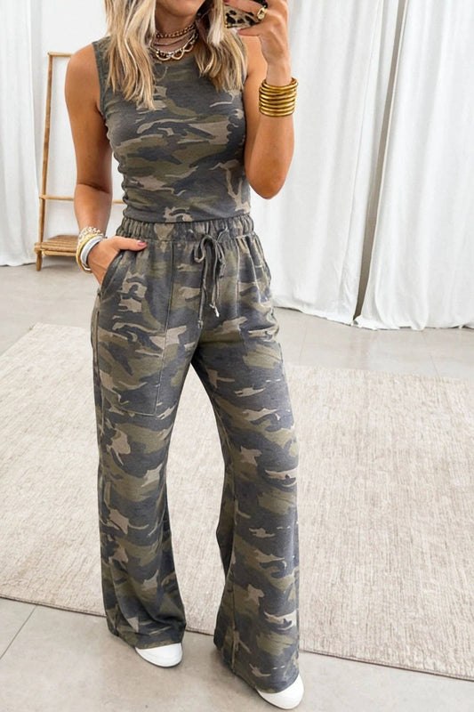 Green Camouflage Print Slim Tank Drawstring Pant Set