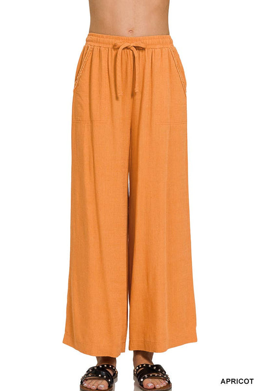 Wide Leg Linen Blend Pants With Pockets Orange Apricot