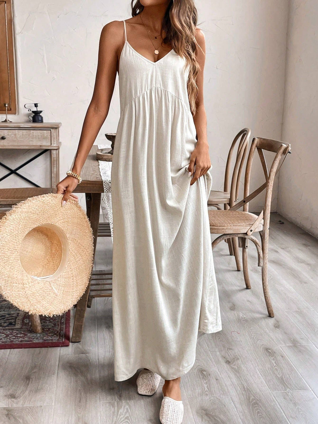 Linen blend Scoop Neck Cami dress with bow tie at back