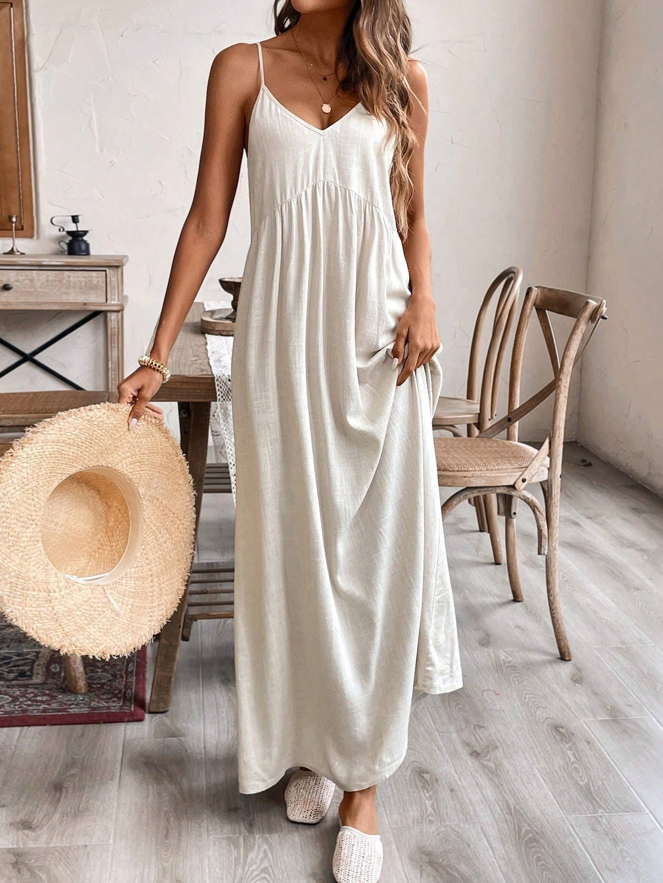 Halter loose solid color cotton linen dress