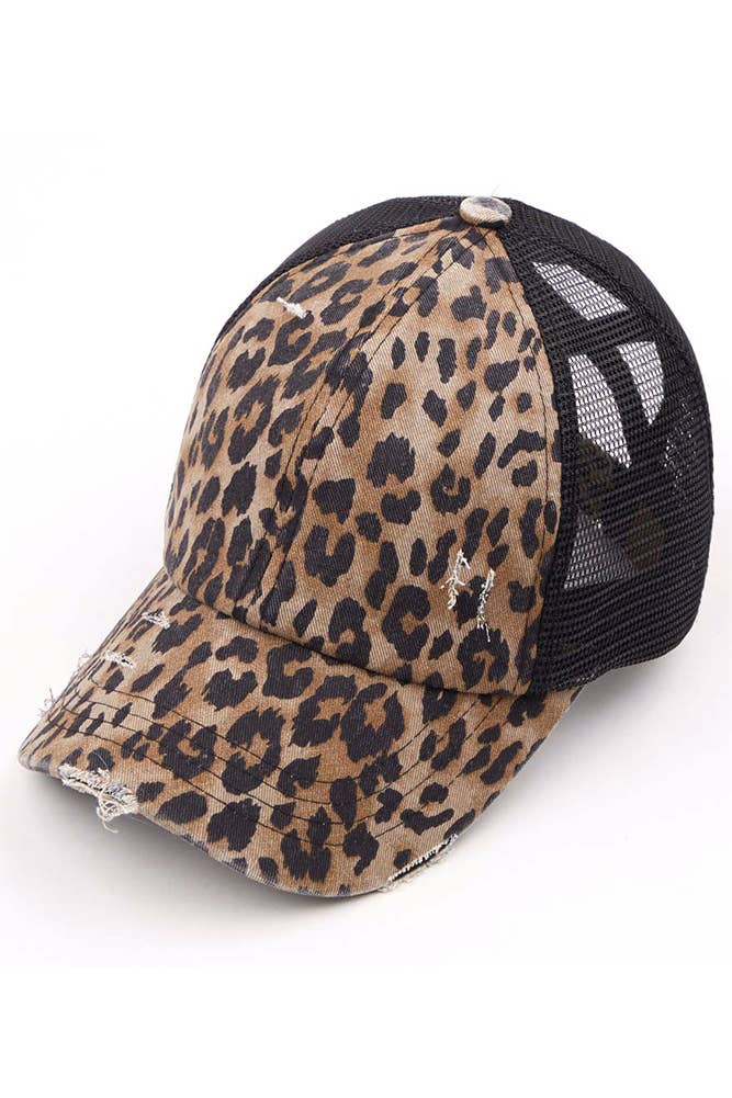 C.C Washed Denim with Crossed Elastic Band Mesh Pony Cap