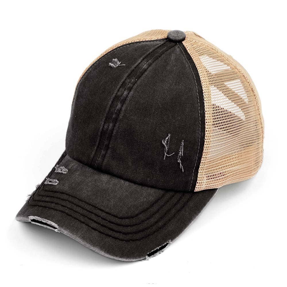 C.C Washed Denim with Crossed Elastic Band Mesh Pony Cap