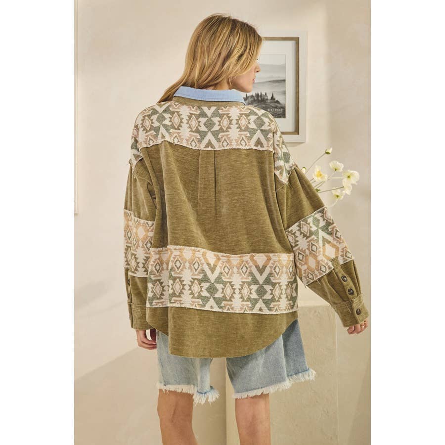WASHED AZTEC PRINTED MIXED BUTTON DOWN SHACKET