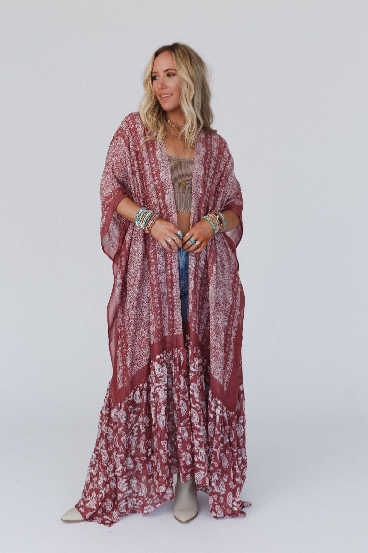 Paisley Tapestry Free Flow Duster Kimono - Wine