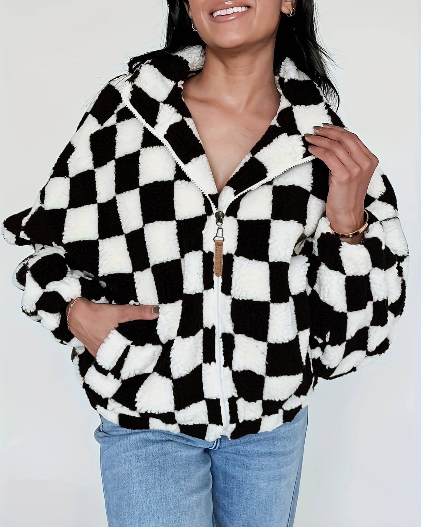 Checker Pattern Drop Shoulder Teddy Sherpa Jacket