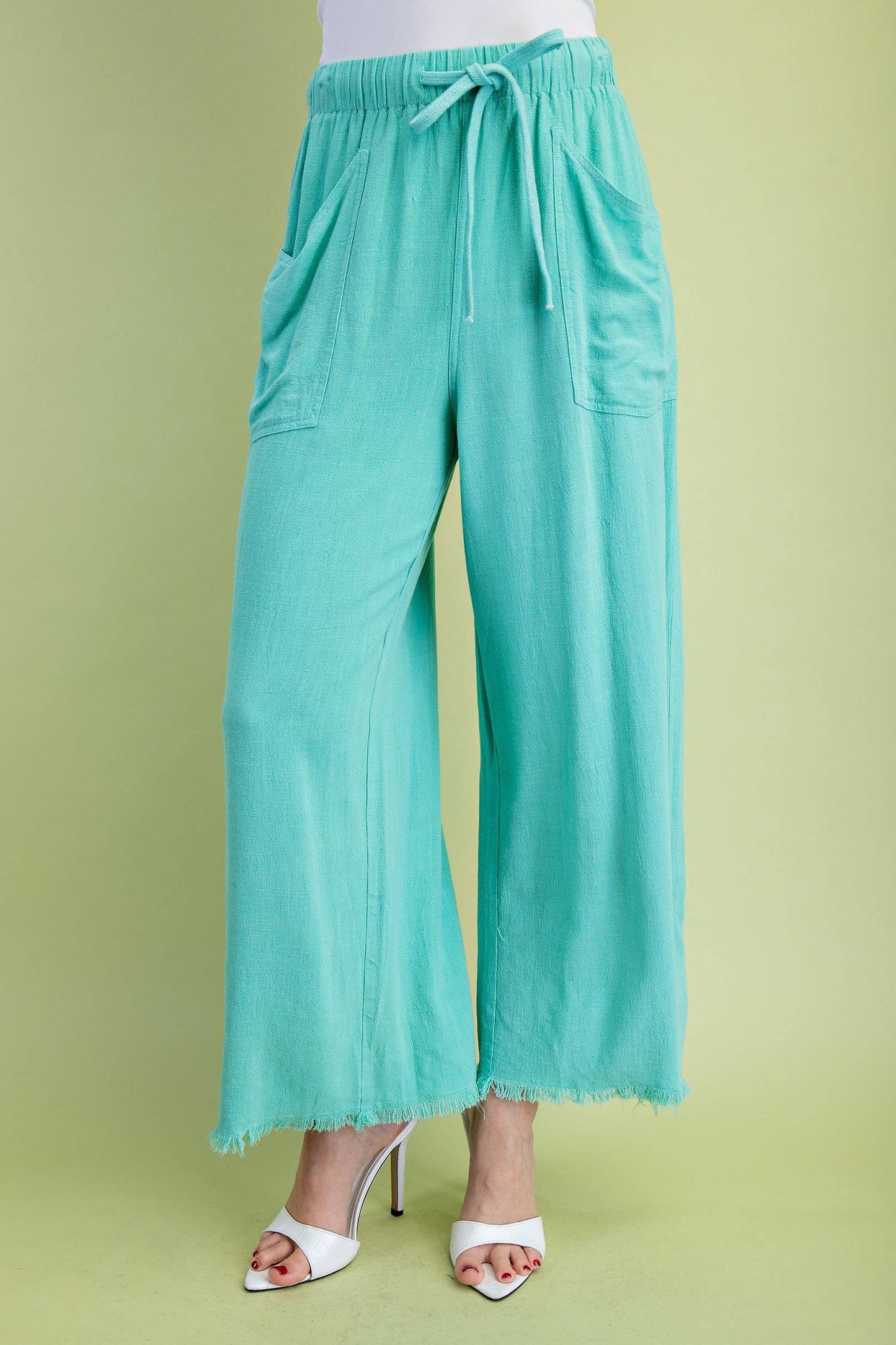 Frayed Cropped Wide Leg Pants -Emerald