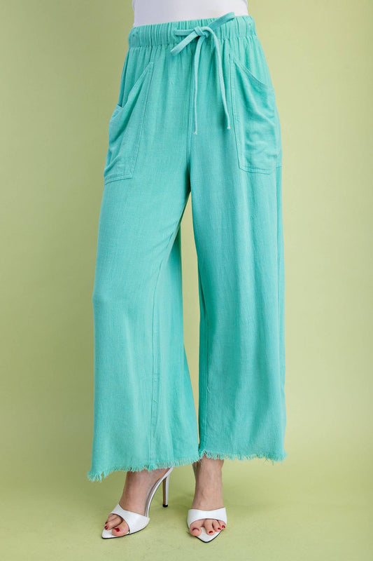 Frayed Cropped Wide Leg Pants -Emerald