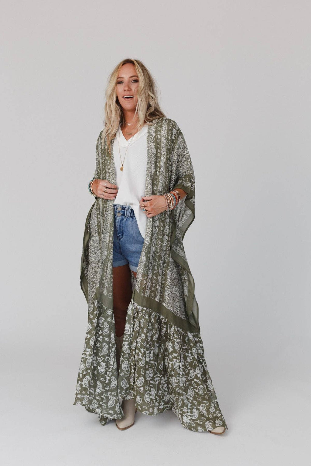 Paisley Tapestry Free Flow Duster Kimono - Olive 3BN