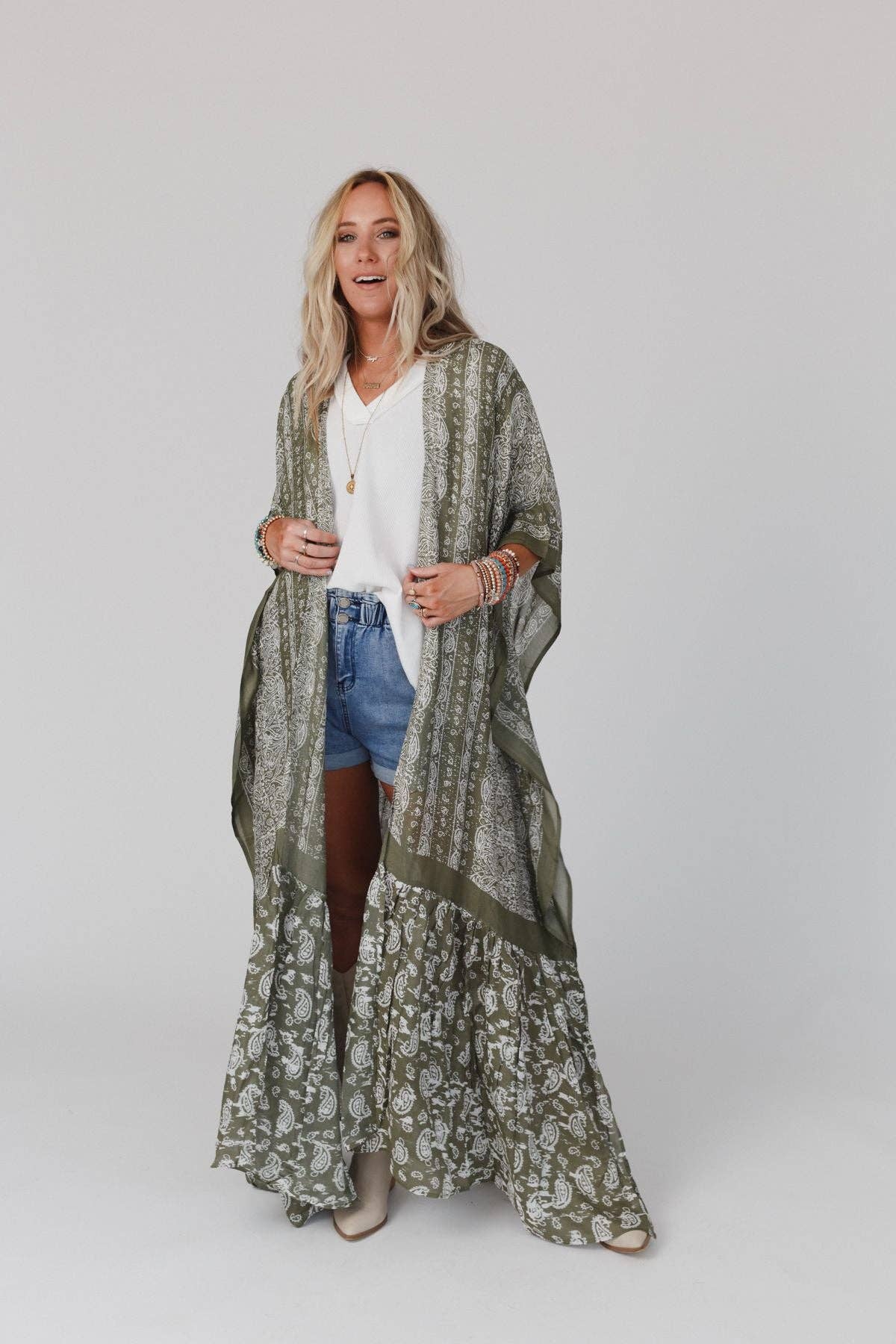 Paisley Tapestry Free Flow Duster Kimono - Olive 3BN
