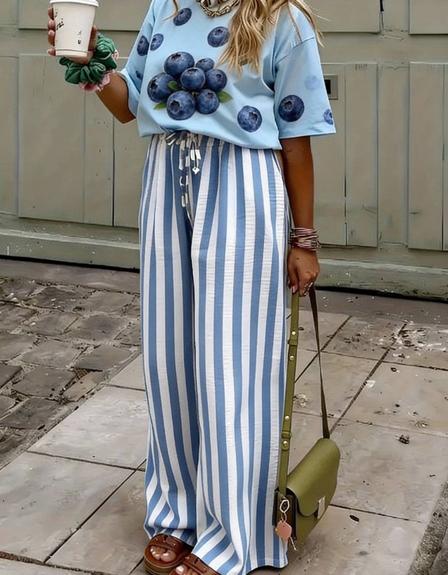 Light Blue Boho Beach Vertical Stripe Lace-Up Pants