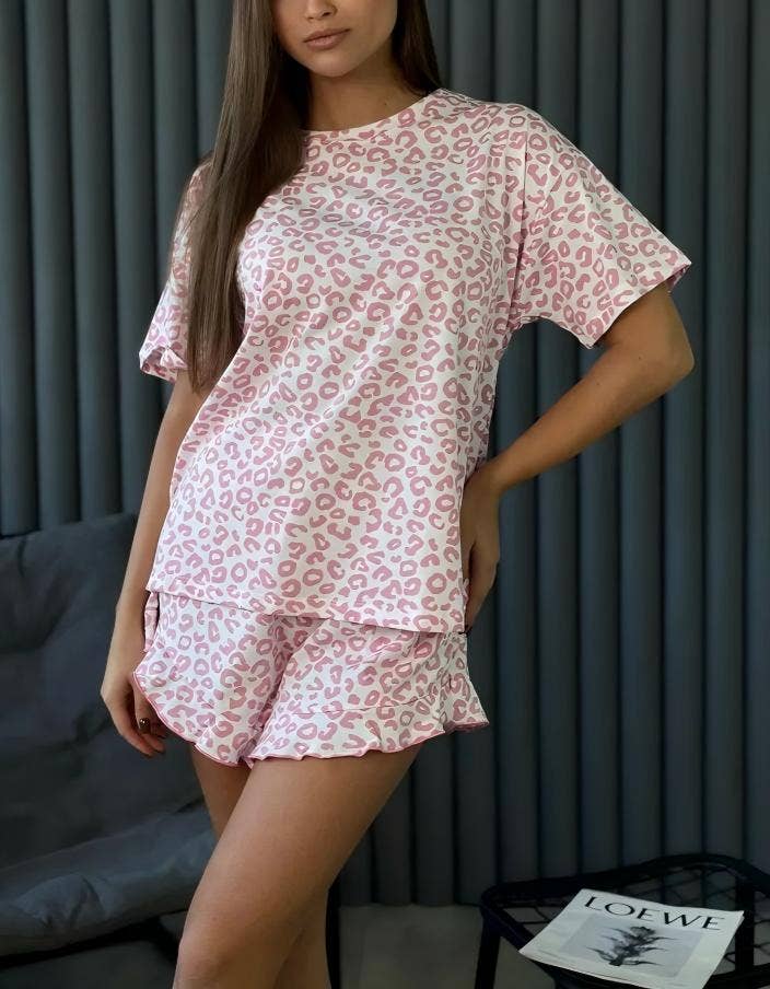 Leopard Print PJ Set Ruffle Trim Shorts Loungewear