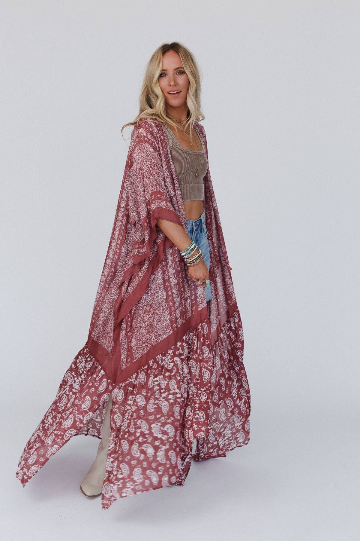 Paisley Tapestry Free Flow Duster Kimono - Wine