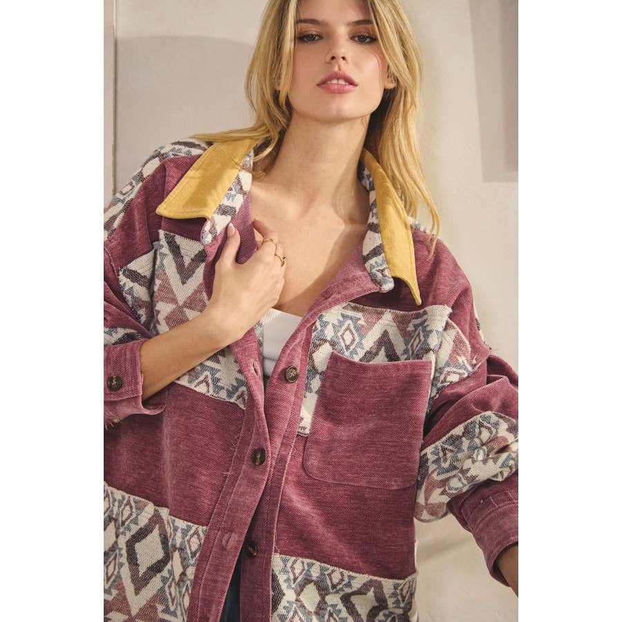 WASHED AZTEC PRINTED MIXED BUTTON DOWN SHACKET