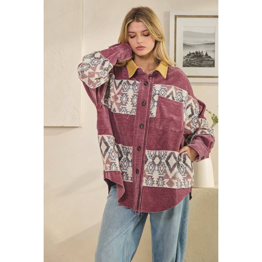 WASHED AZTEC PRINTED MIXED BUTTON DOWN SHACKET