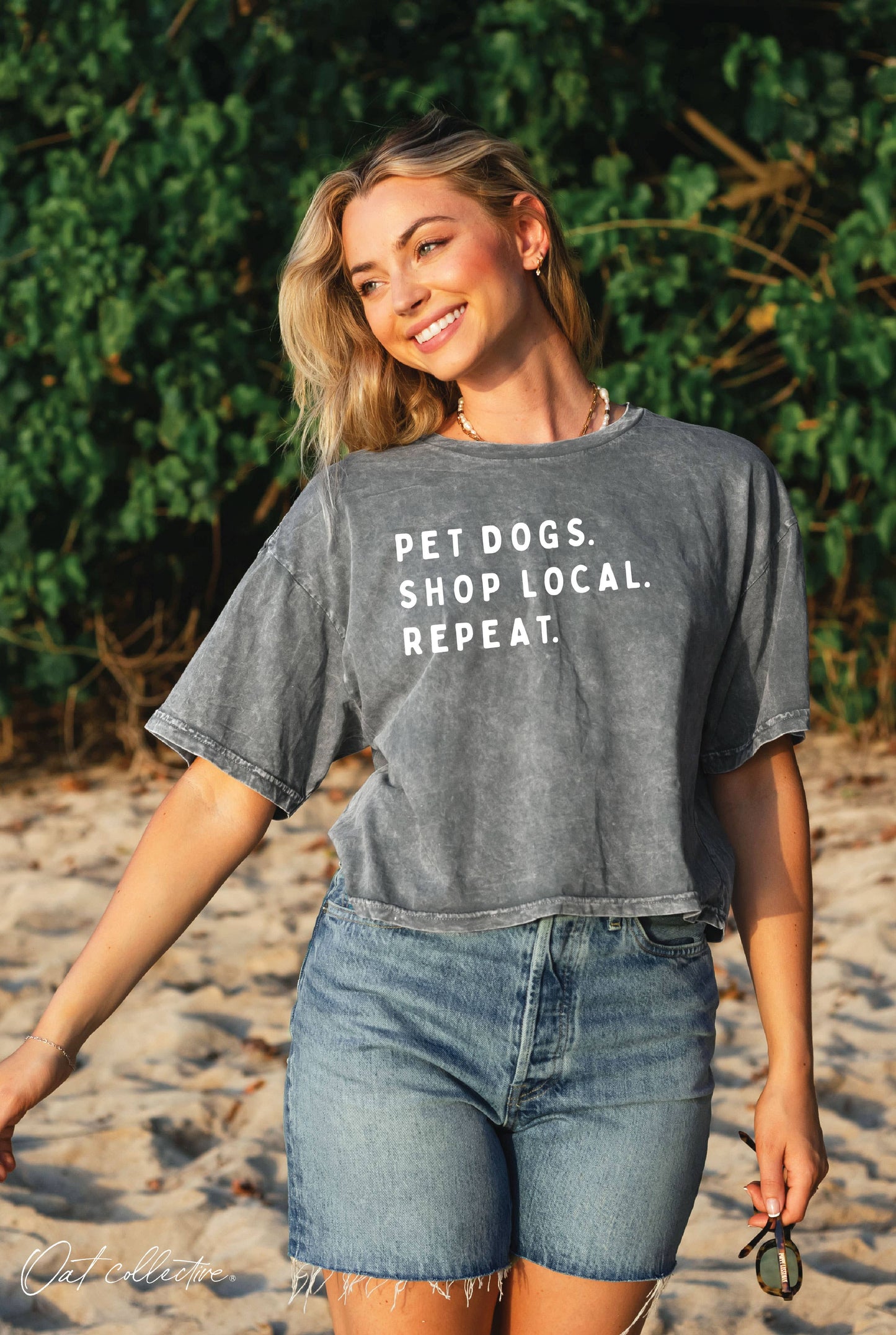 PET DOGS. SHOP LOCAL. REPEAT. Cropped Mineral Graphic Top