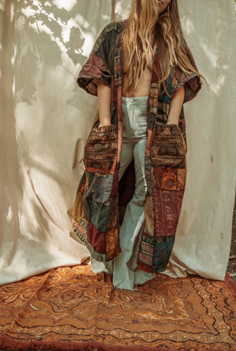 Earthy Hippie Boho Duster Patchwork Kimono, Unisex Smock