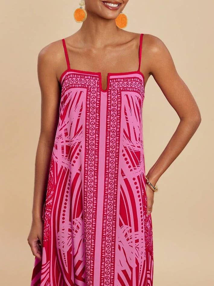 Tropical palm print swing maxi strappy dress - fuchsia