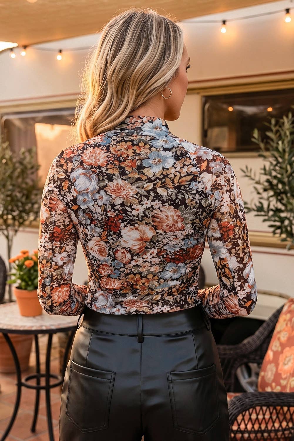 Floral Long Sleeve Mock Neck Sheath Mesh Blouse