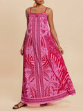 Tropical palm print swing maxi strappy dress - fuchsia