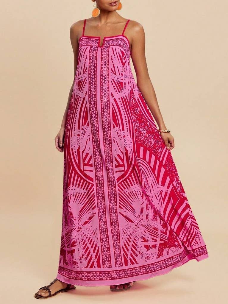 Tropical palm print swing maxi strappy dress - fuchsia