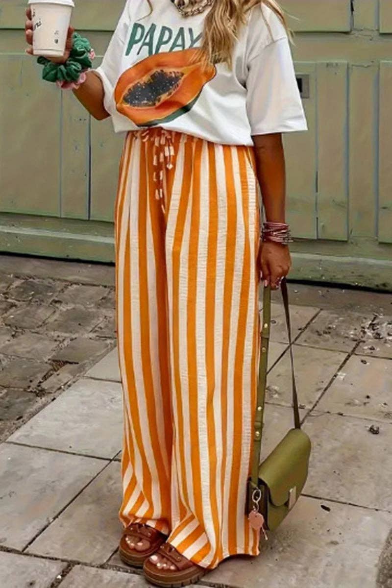 Black and White Striped Wide-Leg Casual Pants