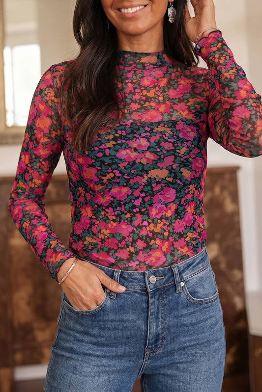 Floral Mesh Long Sleeve Mock Neck Top (select print)